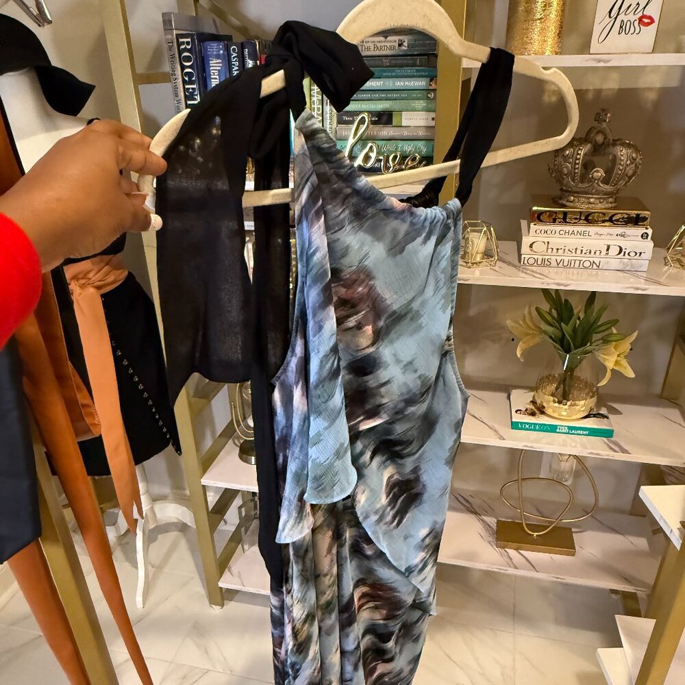 Rachel Roy blue printed chiffon midi sleeveless halter dress